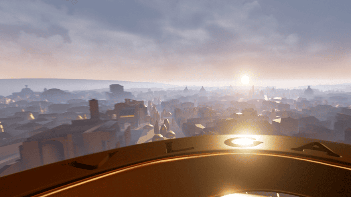 A view of Rome at sunset with a close view of a Bulgari golden ring
