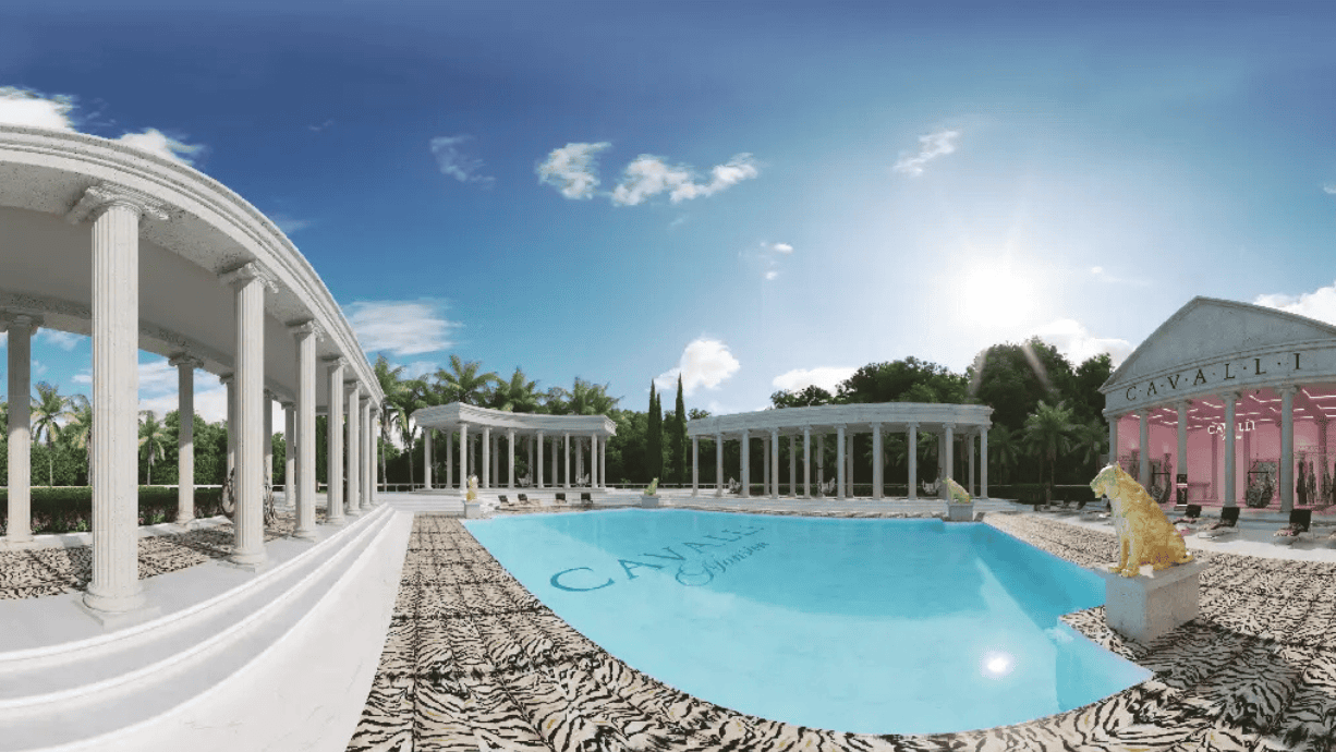 Cavalli mansion with a central pool and greek-style temples behind blue skies
