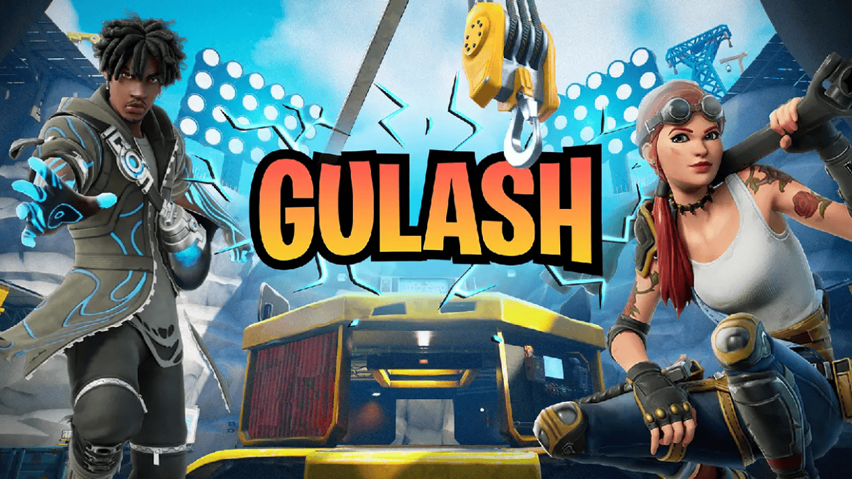 On the left, a guy in a black outfit with black and blue glove. On the right, there is a red-headed girl holding a weapon. In the center, the word ‘Gulash’ is written in orange and yellow font. 