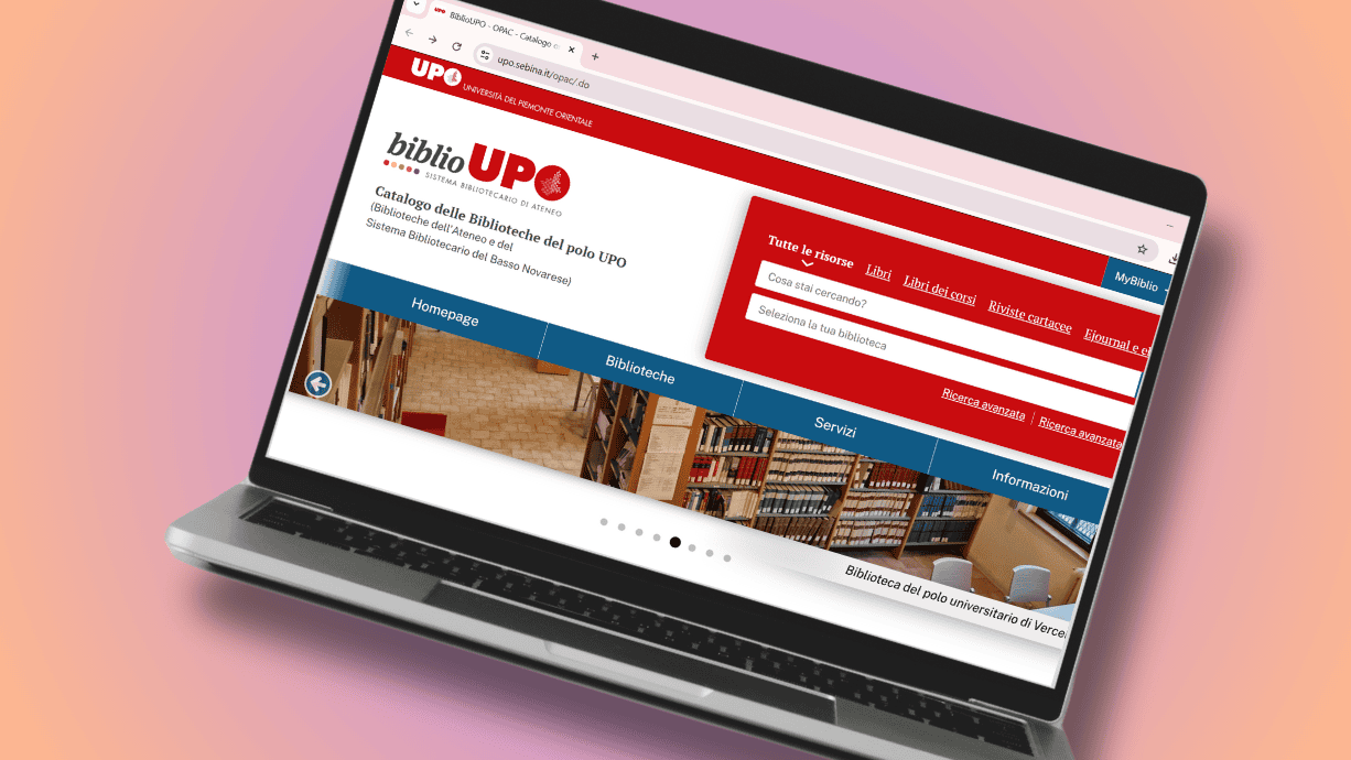 A laptop displaying the Novara University Library Hub website 