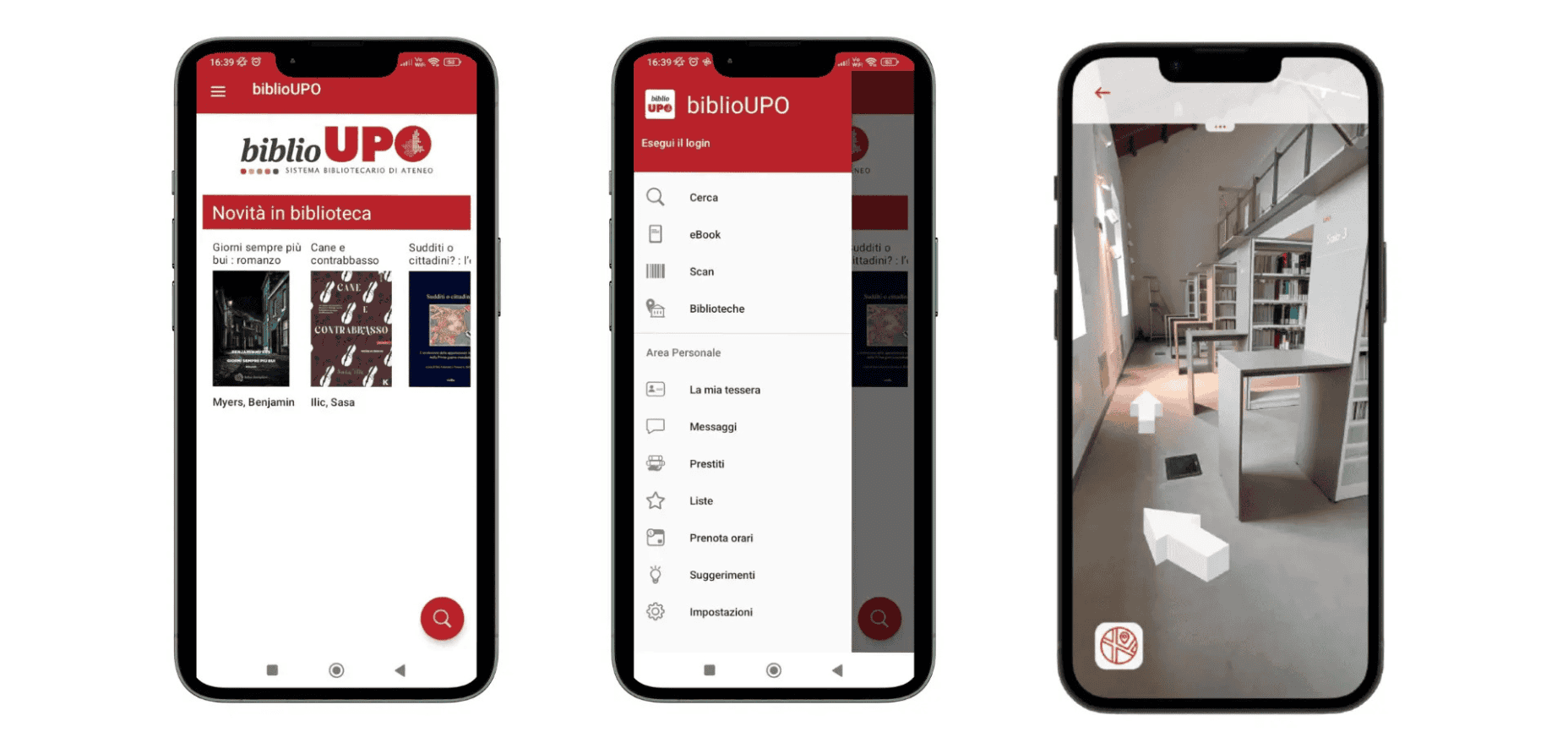 Un ambiente virtual dentro della biblioteca de UPO   Three mobile phones showing the Biblio UPO mobile app 
