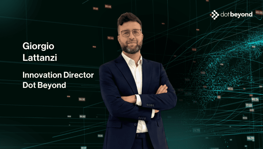 Foto del direttore della unit Innovation Farm, in primo piano con uno sfondo tecnologico astratto